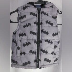 Boy’s Batman Hooded Puffy Vest, Gray w/Black Batman Pattern, Zip Up; Size 18M